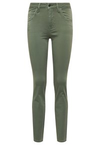 Vaqueros skinny verde olivo con bolsillos frontales, cierre de cremallera y botón; hechos de una tela suave y elástica para mayor comodidad.