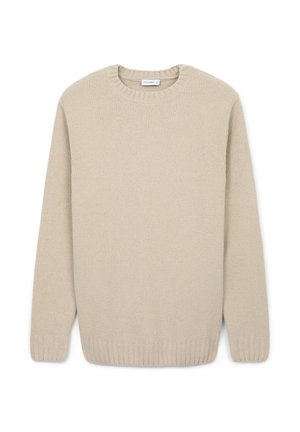 Maglione di maglia beige chiaro con collo a giro, polsini e orlo a costine. Texture morbida, stile pullover e vestibilità rilassata.