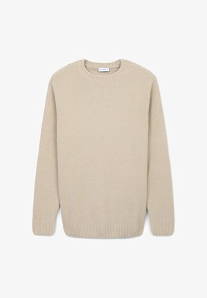 Light beige knit sweater with a crew neck, ribbed cuffs, and hem. Soft texture, pullover style, and a relaxed fit.
