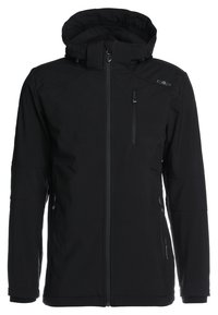 Veste imperméable noire avec capuche, dotée d'une fermeture éclair intégrale à l'avant, d'une poche poitrine zippée et de poignets élastiques. Texture lisse et design élégant.