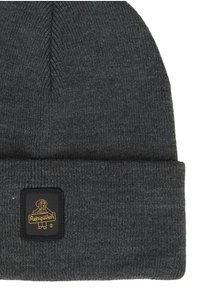 Berretto di maglia grigio con risvolto, caratterizzato da una toppe nera rettangolare con logo dorato di un cane e testo. Textura liscia, materiale caldo.