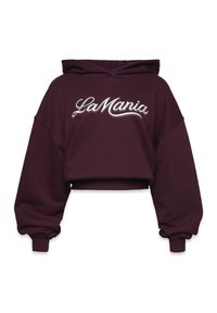 Zastrihnutá tmavofialová mikina s overzsize rukávmi a ribovanými manžetami, s bielym kurzívnym textom "La Mania" na prednej strane.