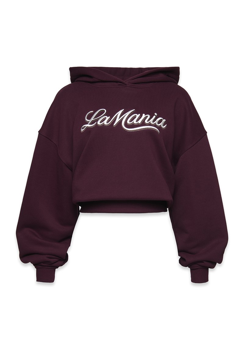 Zastrihnutá tmavofialová mikina s overzsize rukávmi a ribovanými manžetami, s bielym kurzívnym textom "La Mania" na prednej strane.