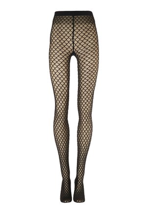 Gennemsigtige sorte fiskenetstrømpebukser med et skæl-lignende mønster, høj talje og forstærket tåområde.