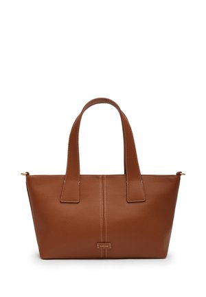 Borsa a mano in pelle marrone con due manici, cuciture verticali al centro e una piccola targhetta metallica del marchio nella parte anteriore inferiore.