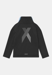 Black athletic jacket featuring a high collar, blue accents, and a diagonal striped 'X' logo on the back. Includes 'AEROREADY' text at the hem.