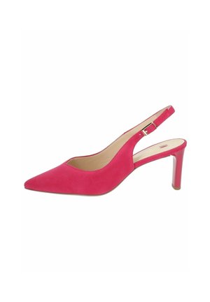 Pink suede slingback shoe with a pointed toe, slender heel, and adjustable ankle strap. Smooth inner lining and minimalistic design.