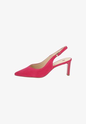 Chaussure à talon ouvert en daim rose avec un bout pointu, un talon fin et une bride réglable à la cheville. Doublure intérieure lisse et design minimaliste.