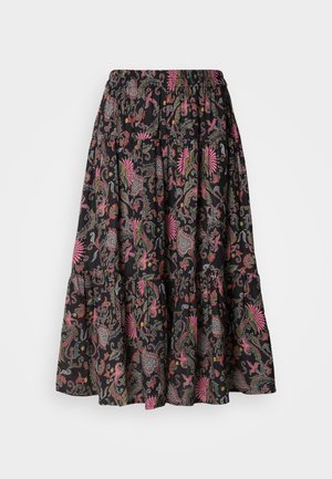 Μαύρη μακριά φούστα με στρώσεις, διακοσμημένη με πολύχρωμα λουλουδάτα και παστέλ σχέδια. Λάστιχο στη μέση για άνετη εφαρμογή. Μαλακή υφή υφάσματος.