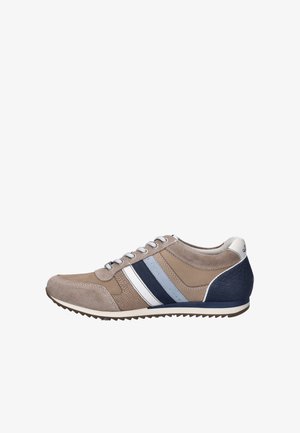 Brown suede sneaker with navy and light blue stripes, textured accents, round toe, and gray laces. Rubber sole with grip pattern.