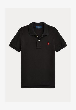 Polo preto feito de algodão texturizado com uma pala de três botões, mangas curtas e um logótipo bordado vermelho no peito.