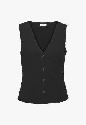 Schwarzes ärmelloses Oberteil mit einem V-Ausschnitt, strukturiertem Stoff und fünf goldenen Knöpfen auf der Vorderseite. Einfaches und tailliertes Design.