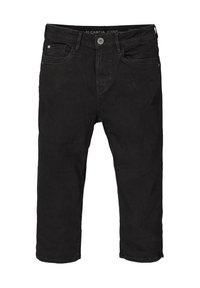Jeans de mezclilla negra cortos con un diseño clásico de cinco bolsillos, cierre con cremallera y botón. Presentan una sutil textura desgastada.