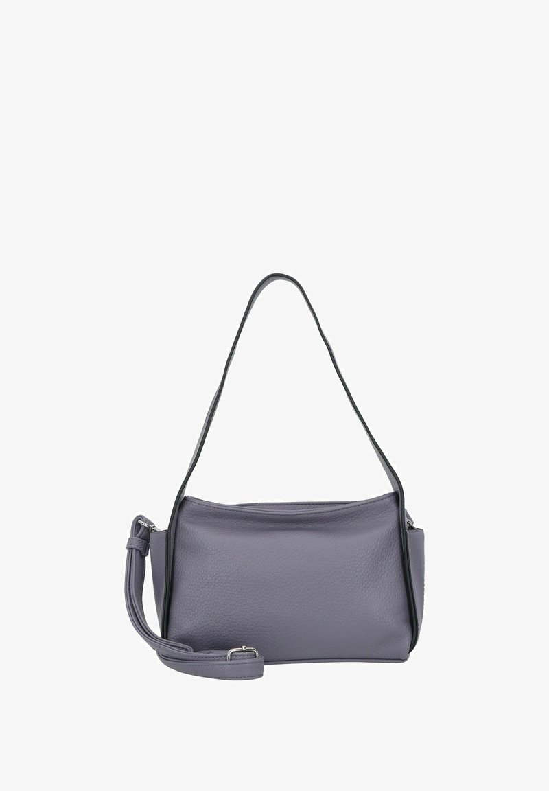 Borsa a tracolla in pelle di un viola tenue con finitura texture, dotata di una tracolla rimovibile e di un design minimalista. Dettaglio con chiusura a zip.