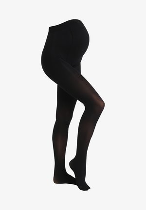 Collant premaman neri con design senza cuciture, texture opaca, vita alta per supporto al pancione e finitura liscia sulle gambe.