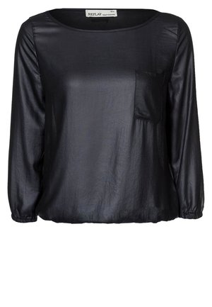 Czarna bluzka z długim rękawem, okrągłym dekoltem, elastycznymi mankietami i dołem oraz małą kieszonką na lewej piersi.