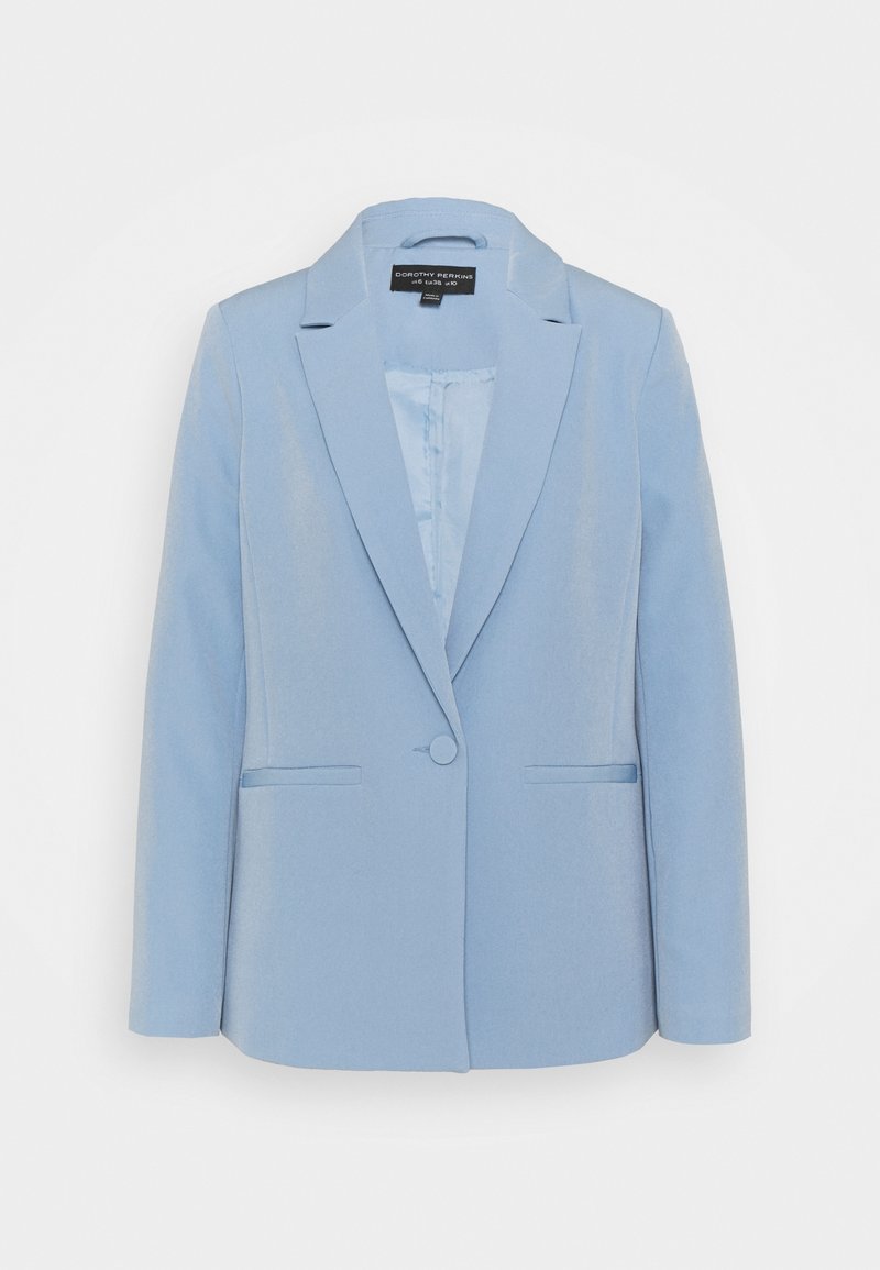 Blazer bleu clair à un bouton avec revers crantés et deux poches passepoilées devant, présenté à plat sur fond blanc.