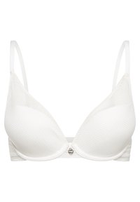 Witte bh met een gladde textuur, driehoekige cups en dunne verstelbare schouderbanden. Heeft geribbelde details en een decoratieve accenten van zilverkleurig beslag.