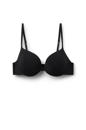 Soutien-gorge noir rembourré avec armatures, bretelles fines réglables et bonnets lisses, présenté sur fond blanc.