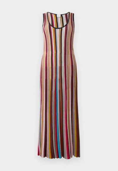 Striped maxi dress with a scoop neckline, featuring vertical stripes in various colors including red, blue, pink, and brown. Textured knit fabric.