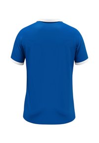 Blauwe kraagloze polo met korte mouwen, met een witte kraag en witte accenten op de mouwen. Gemaakt van een soepele, lichte stof.