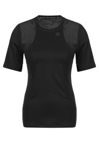 Black short-sleeve athletic shirt with a smooth body and sheer mesh panels on shoulders. Round neck design and fitted silhouette.