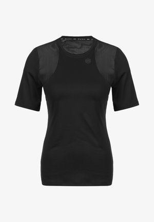 Schwarzes kurzärmeliges Sportshirt mit glattem Stoff und transparenten Netzpaneelen auf den Schultern. Rundhalsausschnitt und figurbetonte Passform.