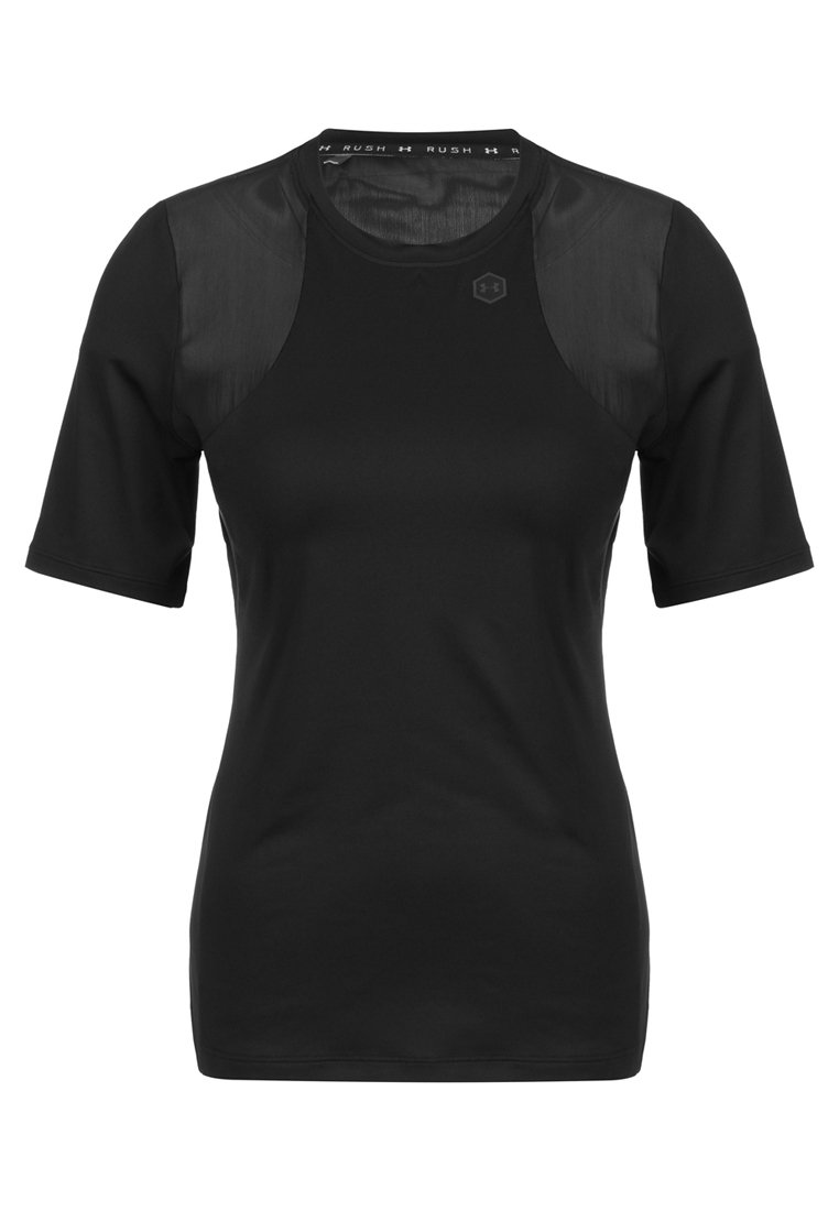 Black short-sleeve athletic shirt with a smooth body and sheer mesh panels on shoulders. Round neck design and fitted silhouette.