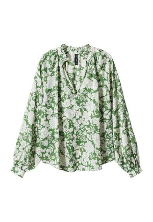 Grüne Bluse zum Knöpfen mit langen Puffärmeln und weißem Blumenmuster, ausgestattet mit einem Rüschenkragen.