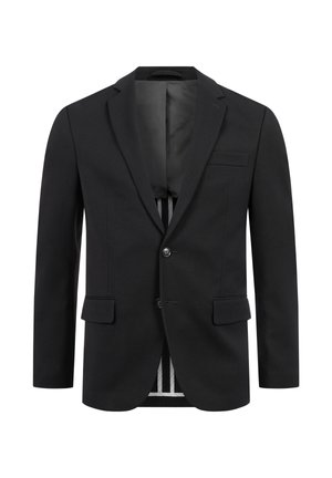 Blazer noir pour homme sur mesure avec deux boutons, revers à cran, poches à rabat et doublure intérieure rayée.