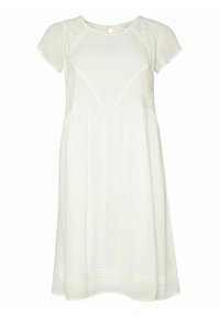 Robe blanche à manches courtes avec un corsage texturé et des accents de dentelle aux épaules, dotée d'un décolleté rond modeste et d'une longueur en dessous du genou.