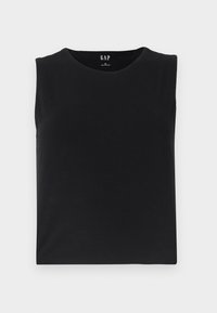 Black sleeveless top made of soft fabric, featuring a round neckline and straight hem. Minimalistic design without accents or embellishments.