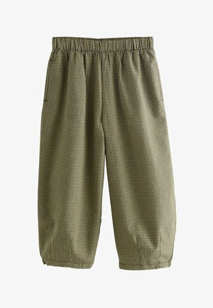 Ternede grønne og sorte bukser med elastisk talje, forkortet længde og sidelommer. Fremstillet af letvægtsstof.