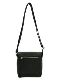 Schwarze Leder-Crossbody-Tasche mit verstellbarem Tragegurt, vorderer Reißverschlusstasche, glatter Textur und rechteckiger Form. Doppelte Fächer-Design.