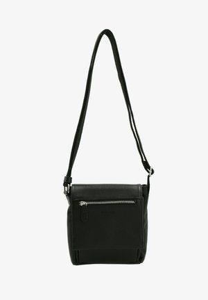 Black leather crossbody bag with an adjustable strap, front zip pocket, smooth texture, and rectangular shape. Double compartment design.
