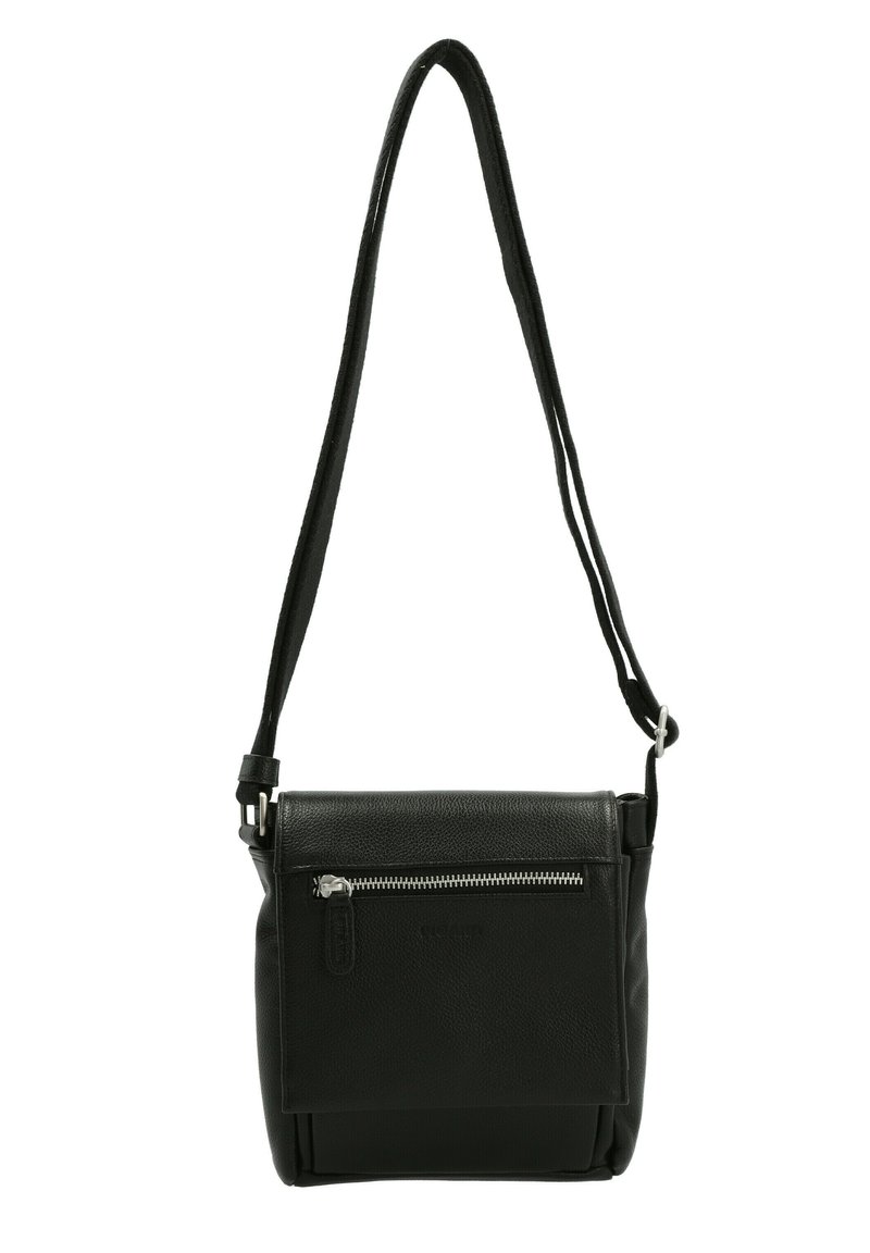 Schwarze Leder-Crossbody-Tasche mit verstellbarem Tragegurt, vorderer Reißverschlusstasche, glatter Textur und rechteckiger Form. Doppelte Fächer-Design.