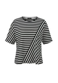 Zwart-witte gestreepte shirt met korte mouwen, met horizontale strepen aan de ene kant en diagonale strepen aan de andere kant.