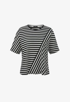 Black and white striped short-sleeve shirt with horizontal stripes on one side and diagonal stripes on the other.