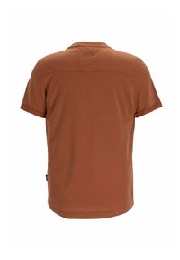 T-shirt marrone a maniche corte, in morbido cotone, con scollo rotondo e dettaglio cucito sul retro, con orlo dritto.