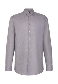 Langarmshirt met een marineblauw-witte ruitjespatroon, met een klassieke kraag, een knoopsluiting aan de voorkant en goudkleurige knopen. Zachte stoftextuur.