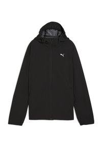 Veste légère noire avec capuche, fermeture éclair intégrale et poignets élastiques. Présente un logo sur la poitrine à gauche et une texture de tissu lisse.