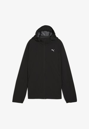 Črna lahka jakna s kapuco, poln zadrgo in elastičnimi manšetami. Ima logotip na levem prsnem delu in gladko teksturo tkanine.