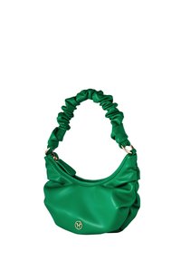 Grüne Kunstlederhandtasche mit gerafftem Henkel, rundem Design und goldener Logo-Akzent. Sie verfügt über einen Reißverschluss und eine glatte Textur.