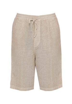 Pantaloncini beige in lino fino al ginocchio con vita elasticizzata e coulisse regolabile, con tasche laterali e vestibilità comoda.