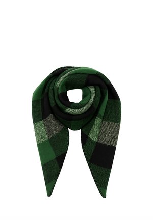 Groen-zwarte geruite sjaal, losjes gevouwen in een spiraal met twee puntige uiteinden zichtbaar op een witte achtergrond.