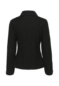 Black textured blazer with a collared neckline and long sleeves, featuring a fitted shape and subtle woven pattern throughout.