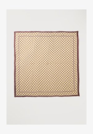 Beige kvadratisk tørklæde med brunt diagonalt gittermønster og tynd brun kant, med fine frynser ved kanterne.