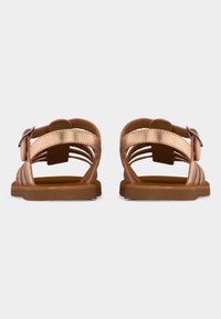 Ζευγάρι μεταλλικά ροζ-χρυσά επίπεδα σανδάλια με λουριά και αγκράφες, απεικονιζόμενα από πίσω σε λευκό φόντο.