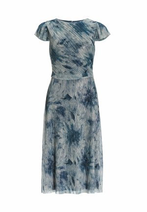 Plissiertes Kleid in Blau und Grau mit abstrakten Mustern. Kurze Puffärmel und ein taillierter Oberkörper, aus leichtem, strukturiertem Stoff gefertigt.