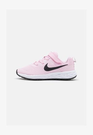 Pink mesh athletic shoes with black accents and strap, featuring a white midsole and textured black outsole.